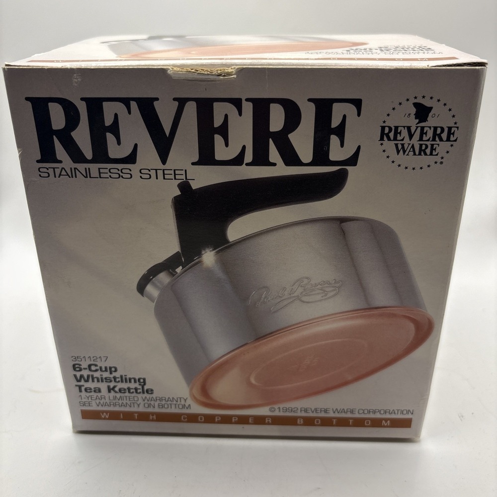 Vtg Revere Ware Stainless Steel 6 Cup Whistling Tea Kettle Copper Bottom In Box